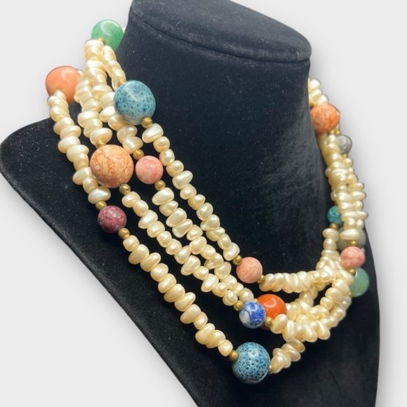 Vintage Double Strand Pearl & Gemstone Beaded Necklace Jade Jasper Amazonite etc - Picture 4 of 12